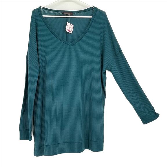 Shelia Rose Waffle Textured V-Neck Top in Green Size XL - Picture 1 of 6